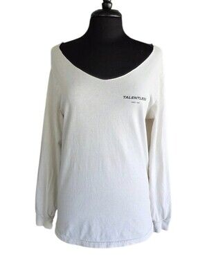 TALENTLESS Ivory Long-Sleeve Scoop Neck Tee Cut Collar Distressed Top